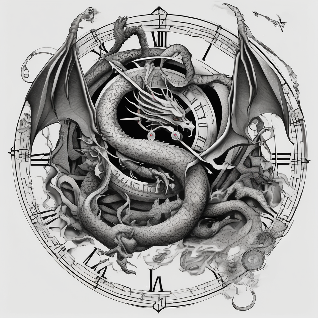 Dark cancer zodiac sign tattoo with dragon, clock and money on background glitter tattoo, design de tatouage Surréaliste généré par IA